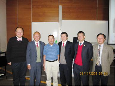 Two speakers with Mr KS Leung and Mr ST Chan from Mathematical Education Section of Education Bureau, Mr. Leslie Tang, President of the Society and Dr Philip Yu, Vice-President of the Society.